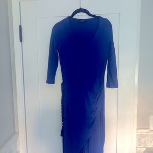 BEBE asymmetrical dress purple blue belt tassel gold chain fashion blogger top